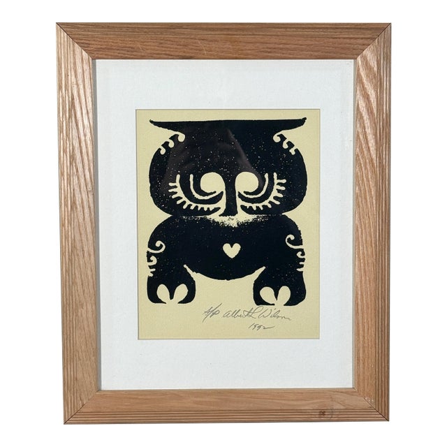 Vintage Albert Leon Wilson Signed Modernist Owl Print c.1972 Framed For Sale