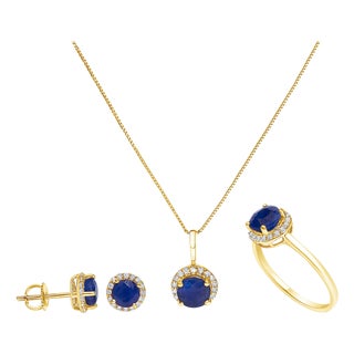 10K Yellow Gold Blue Sapphire and 3/8 Cttw Diamond Halo Jewelry Set (Earrings, Pendant & Ring) For Sale