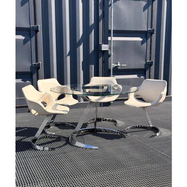 Space Age Chrome, Glass and White Leather Dining Room Set by Euro Steel, 1970s, Set of 5 For Sale - Image 16 of 18