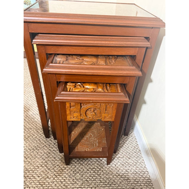 George Zee 1950s George Zee & Co. Carved Wood Nesting Tables Set With Glass Tops Buddha For Sale - Image 4 of 12