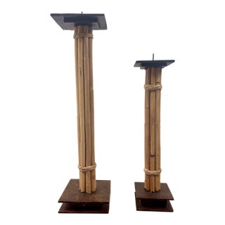 Vintage Coastal Bamboo, Cane & Steel Architectural Candlesticks - Pair For Sale