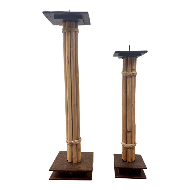 Vintage Coastal Bamboo, Cane & Steel Architectural Candlesticks - Pair For Sale