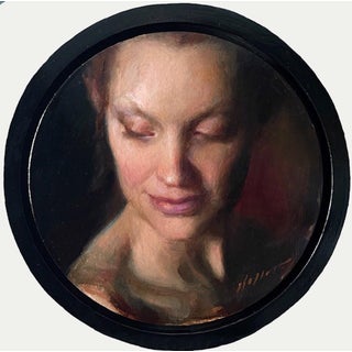 The Pause by Karen Offutt | Oil Painting of a woman with closed eyes and a serene expression For Sale