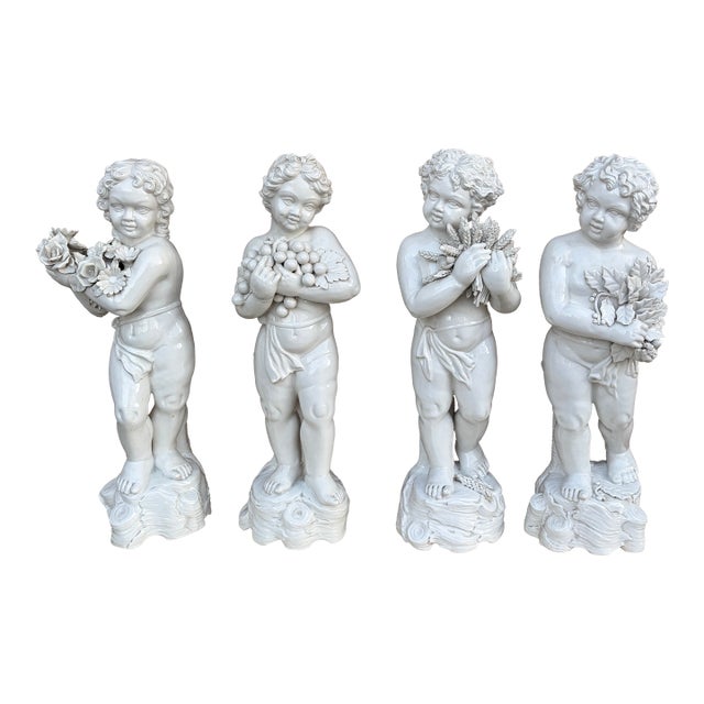 Mid 20th Century Neoclassical Italian White Porcelain Allegorical Cherub or Putti Statues of the Four Seasons, Set of 4 For Sale