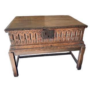 Gothic Style Antique Carved Oak Travel Chest on Stand For Sale