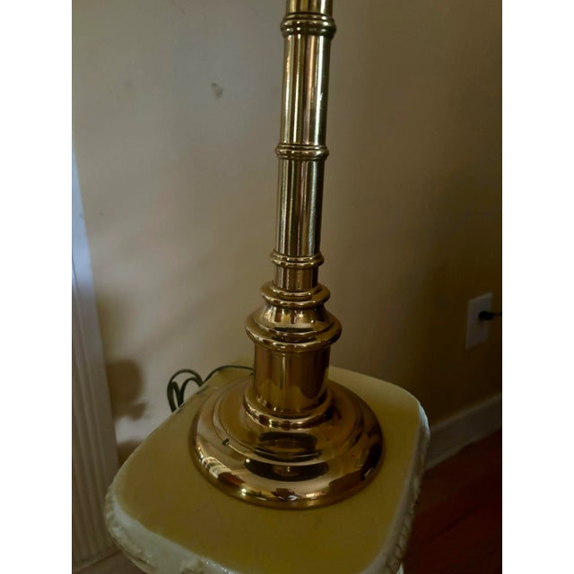 Stiffel Vintage Hollywood Regency Faux Bamboo Polished Brass Table Lamp With Black Tole Shade | Stiffel Style | 32” For Sale - Image 4 of 7
