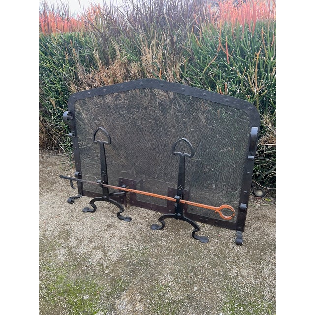 Metal Early 20th Century Spanish Revival Fire Screen, Andirons and Poker Set - 4 Piece Set For Sale - Image 7 of 12