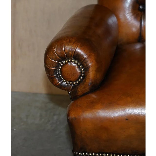 Set of Antique Regency Bolster Brown Leather Library Armchairs For Sale - Image 9 of 18