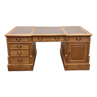 English Teak Desk with Brown Leather Top For Sale