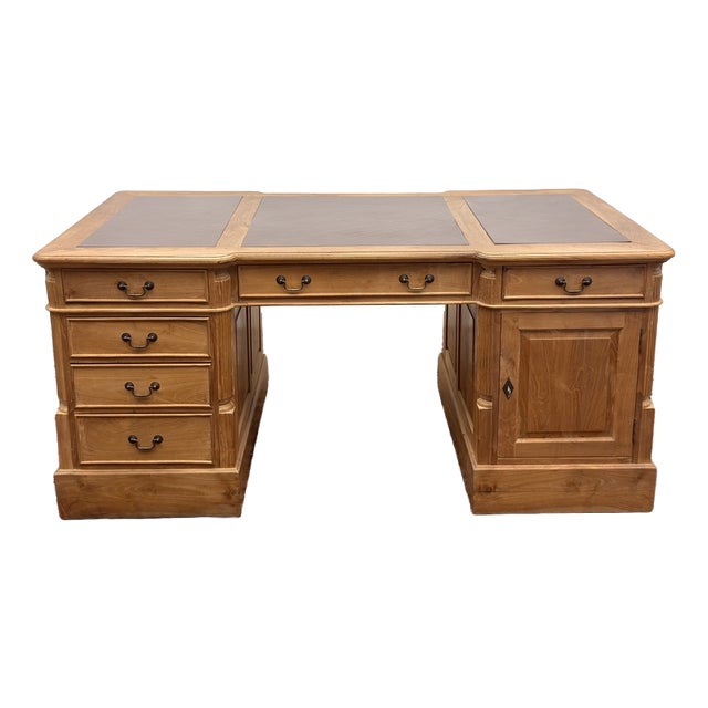 English Teak Desk with Brown Leather Top For Sale