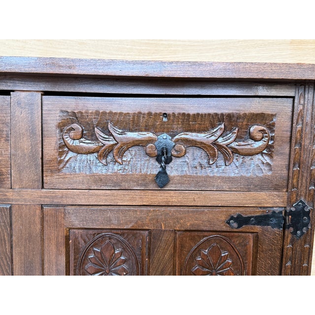 Brown Early 20th Century Spanish Baroque Carved Walnut Tuscan Three Drawers Credenza or Buffet For Sale - Image 8 of 13