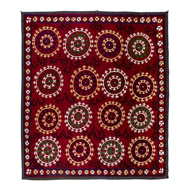 6.8x7.2 Ft Vintage Silk Hand Embroidery Bed Cover, Asian Suzani Wall Hanging, Tablecloth For Sale