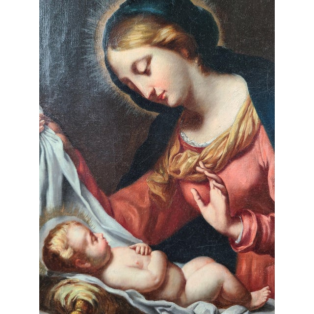 Baroque Antique 19th Century Baby Jesus Oil Painting Madonna Del Velo After Carlo Dolci For Sale - Image 3 of 17