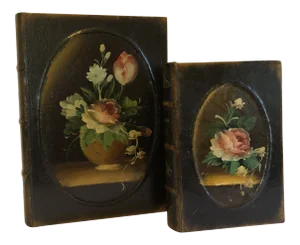 Vintage Faux Book Box With Handpainted Floral Cover - a Pair