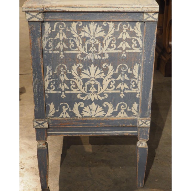 Pair of Hand Painted Blue and White Directoire Style Commodes For Sale - Image 17 of 18