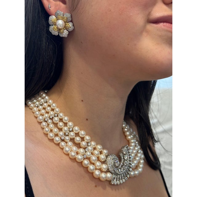 Vintage Diamond South Sea Pearl Platinum Large Flower Clip on Earrings, Two Tone, A Pair For Sale - Image 12 of 18