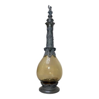 Antique German Hand Blown Glass Pewter Figural Cherub Claret Decanter Bottle For Sale