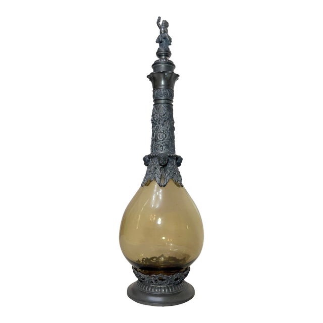 Antique German Hand Blown Glass Pewter Figural Cherub Claret Decanter Bottle For Sale