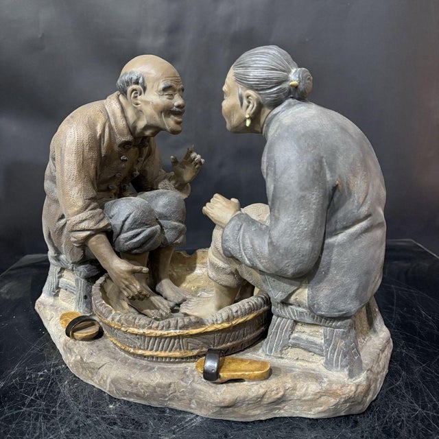 Ceramic Vintage Shiwan Ware "Shared Joy" Figurine | Handmade Ceramic Elderly Couple Sculpture | 13" Wide For Sale - Image 7 of 9