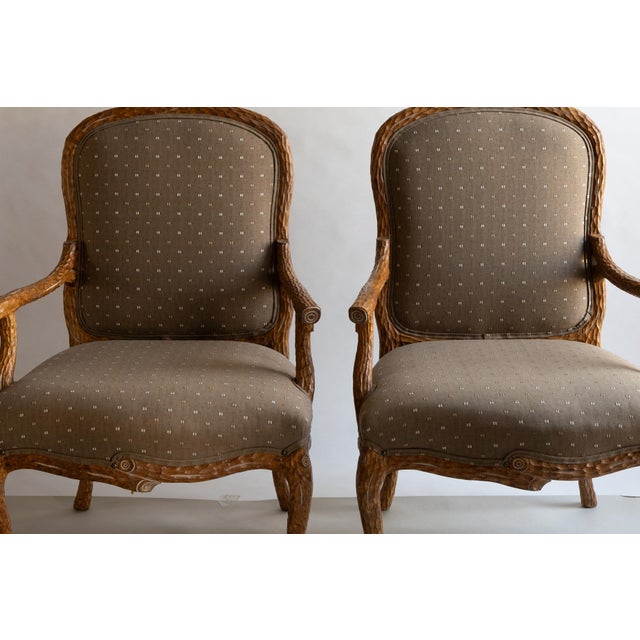 Early 20th Century Pair Walnut French Louis XV Style Faux Bois Chairs For Sale - Image 4 of 13