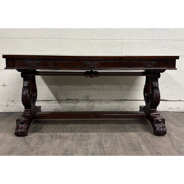 This is a stunning vintage Empire style lyre side trestle base writing desk, executive partner’s desk library writing...
