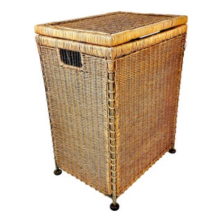 Vintage Boho Chic Coastal Wicker and Steel Hamper.. For Sale