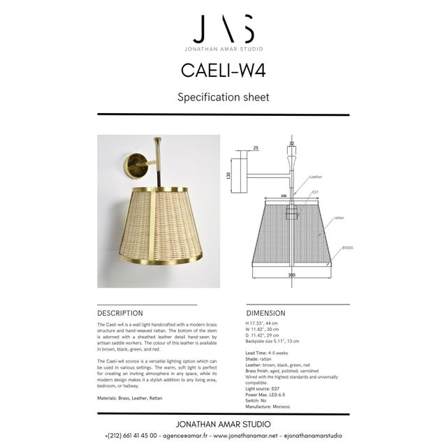 Jonathan Amar Studio Caeli-W4 Brass and Rattan Sconce, Jas For Sale - Image 4 of 12