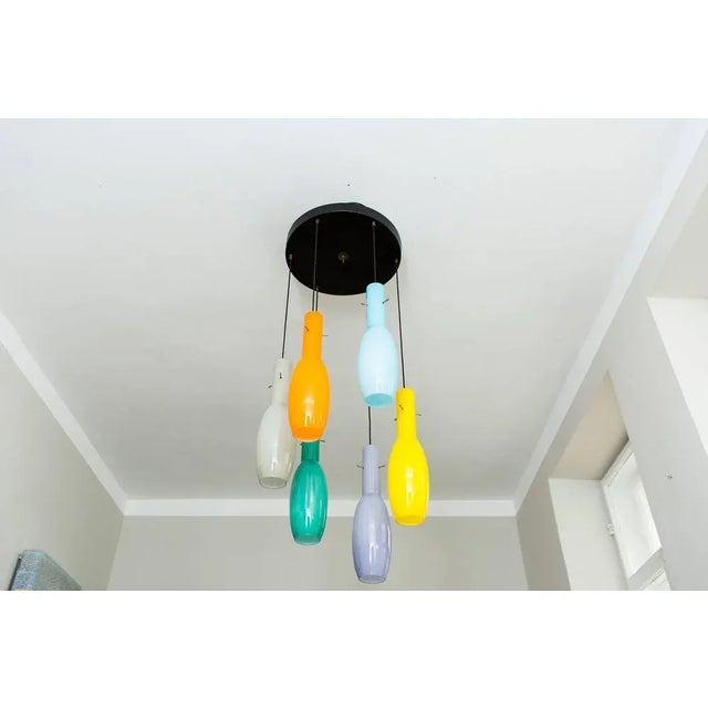 Beautiful chandelier produced Vistosi, Italy, circa 1950, Murano glass, six glass tubes, fixed with brass sticks, mounted...