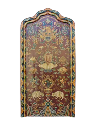 Chinese Tibetan Shrine Shape Brown Animal Graphic Wood Panel