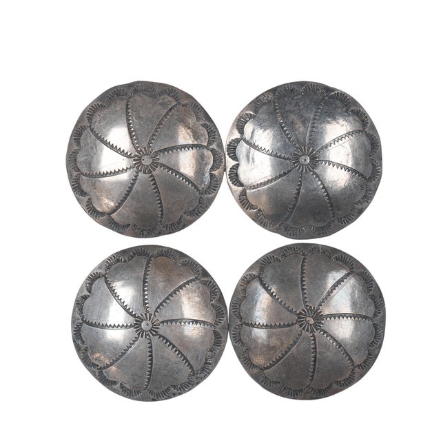 Large 30's-40's Navajo hand stamped silver buttons/ornaments turned cufflinks. Very large, compared to US penny for scale.