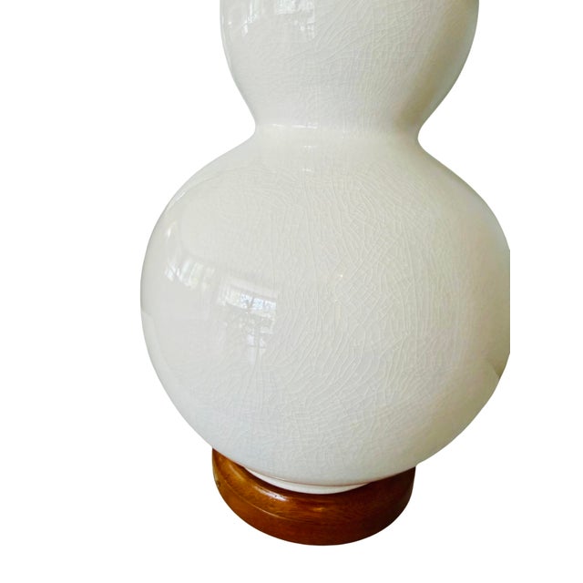 Lauren Ralph Lauren Lauren Ralph Lauren Ivory Crackle-Glaze Double Gourd Ceramic Table Lamp With Wood Base For Sale - Image 4 of 6