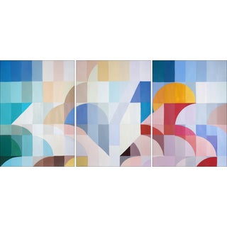 2025, Green to Indigo Staircase, Bauhaus Inspired Geometric Deconstruction, Acrylic Painting on Watercolor Paper by Natalia Roman- Set of 3 For Sale