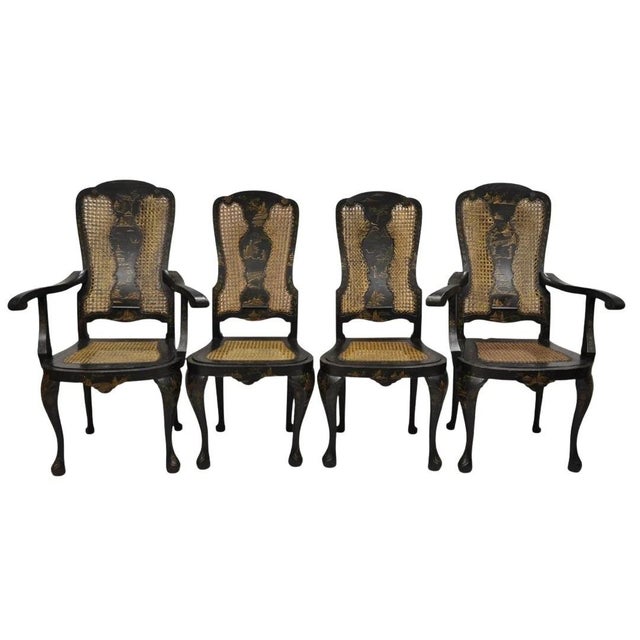 Antique Chinoiserie Queen Anne Hand Painted Floral Cane Dining Chairs - Set of 4 For Sale - Image 12 of 12
