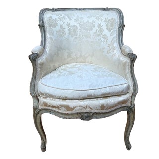 Louis XVI Wingback Armchair in Grey Lacquered Wood and Damask Silk For Sale