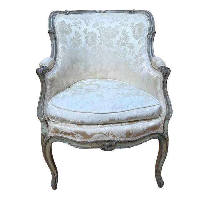 Louis XVI Wingback Armchair in Grey Lacquered Wood and Damask Silk For Sale