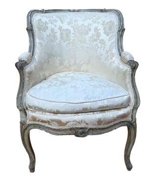 Louis XVI Wingback Armchair in Grey Lacquered Wood and Damask Silk