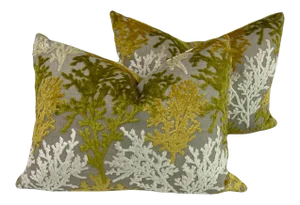 Early 21st Century Yellow Reef Coral Velvet Pillows- a Pair