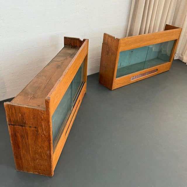 Mid-Century Modern 1940s Pair of Industrial Oak "Greeting Cards" Display Case Cabinets For Sale - Image 3 of 12
