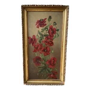 Late 19th Century Floral Still Life Oil Painting of Red Poppies, Framed