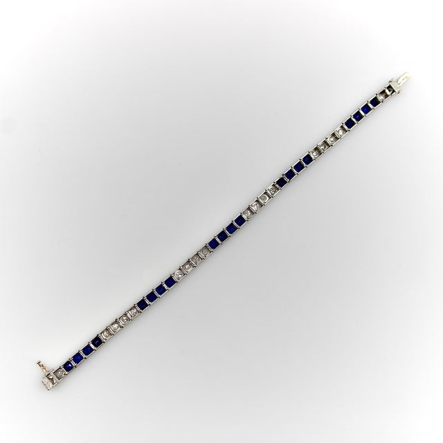 Blue Art Deco Diamond and Sapphire Platinum Line Bracelet For Sale - Image 8 of 10