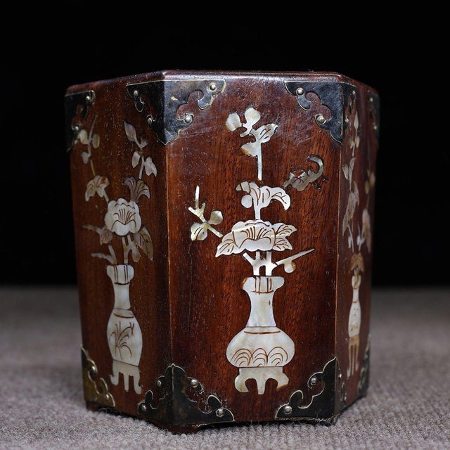 Huali Rosewood Hexagonal Brush Pot Inlaid With Mother-of-Pearl For Sale - Image 10 of 10