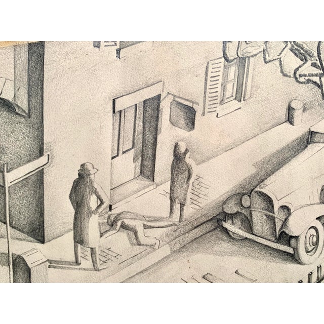 1940s 1940s Figurative Pencil Drawing "Crime Scene" For Sale - Image 5 of 7