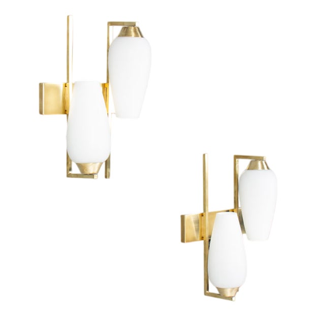 Brass and Opaline Glass Wall Sconces, France, 1950s, Set of 2 For Sale