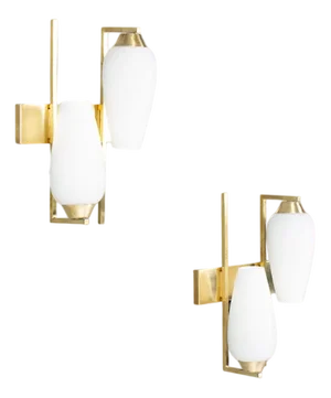Brass and Opaline Glass Wall Sconces, France, 1950s, Set of 2