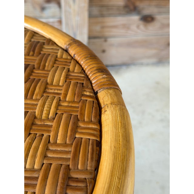 Vintage Boho Organic Modern Drum Form Rattan Side Table With Woven Top For Sale In Naples, FL - Image 6 of 11