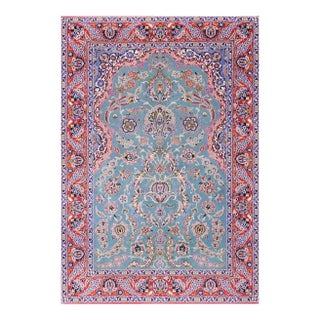 1960s Turquoise Green Floral Vintage Persian Isfahan Rug 3'8" X 5'6" Handknotted Wool Carpet For Sale