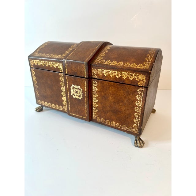 Art Deco Mid 20th Century Hand Crafted Leather and Gold Tooled Hinged Box with Brass Lion Paw Feet For Sale - Image 3 of 7