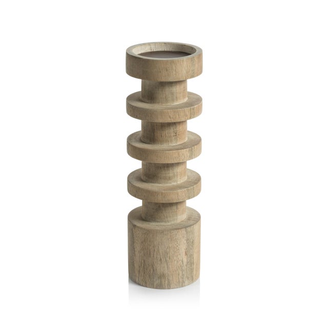 Contemporary Larache Carved Mango Wood Pillar Candle Holder, Medium For Sale - Image 3 of 3