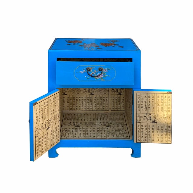 Chinese Bright Blue Vinyl Moon Face Flower Birds End Table Nightstand For Sale - Image 4 of 6