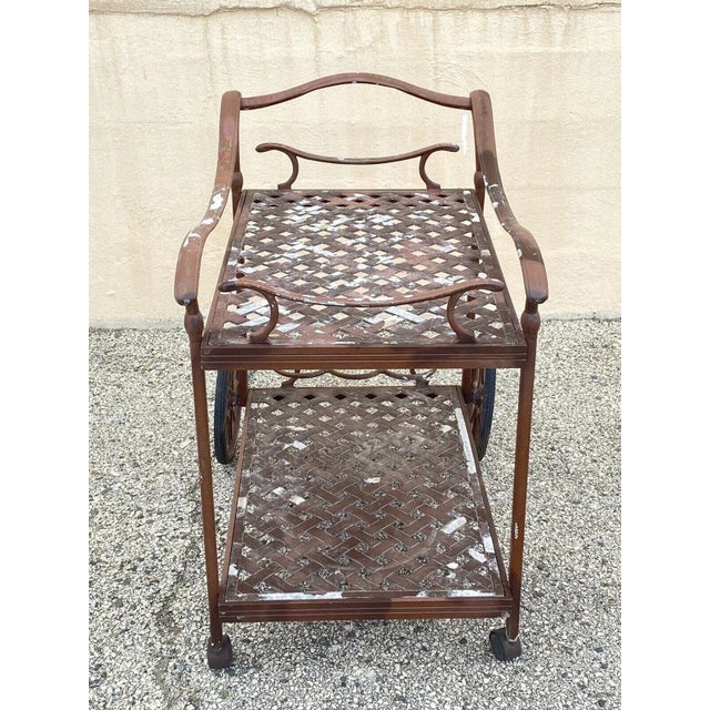 Hollywood Regency Vintage Cast Aluminum Lattice Serving Bar Cart For Sale - Image 3 of 11